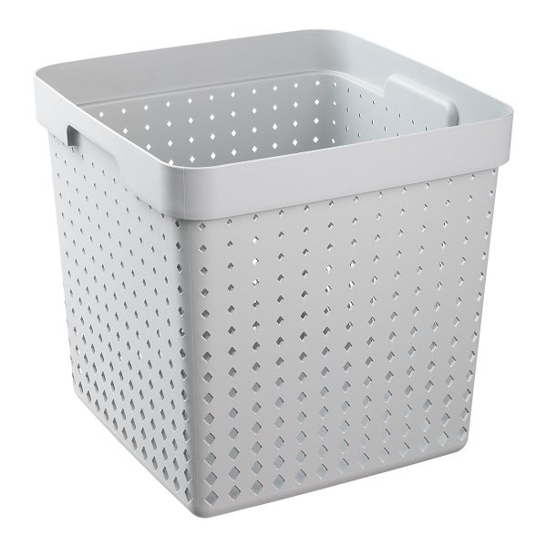 An extra large storage basket is made of grey recycled plastic with a modern and elegant design.