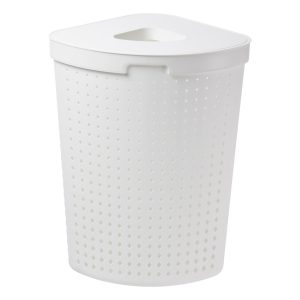 A corner laundry basket has 62L and it is made of white plastic with a modern, elegant design. Photo is taken from the front.
