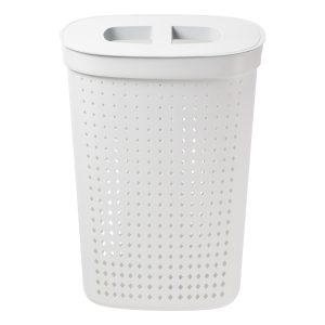 A laundry basket in an oval shape has 60,8L and it is made of white plastic with a modern, elegant design. Photo is taken from the front.