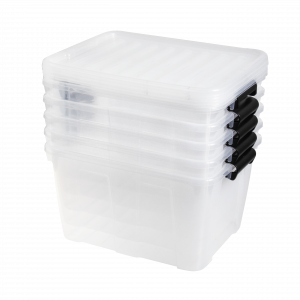 Value Pack of five 30L Home Box storage boxes made of translucent material with black clips. Containers have a classic, simple design.