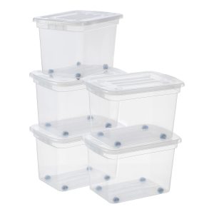 Value Pack of five 52L Home Box storage boxes made of translucent material with black clips and wheels. Containers have a classic, simple design.