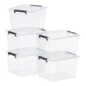 Value Pack of five 15L Home Box storage boxes made of translucent material with black clips. Containers have a classic, simple design.