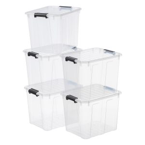 Value Pack of five 40L Home Box storage boxes made of translucent material with black clips. Containers have a classic, simple design.