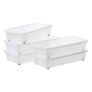 Value Pack of five 30L Home Box Bedroller underbed storage boxes made of translucent material with black clips and wheels. Containers have a classic, simple design.