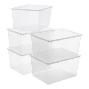 Value Pack of five Basic Box 134L extra large storage boxes with a modern and simple design. Containers are stackable and made of translucent material.