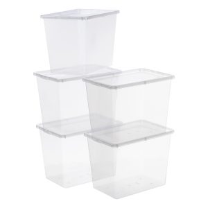 Value Pack of five Basic Box 80L large storage boxes with a modern and simple design. Containers are stackable and made of translucent material.