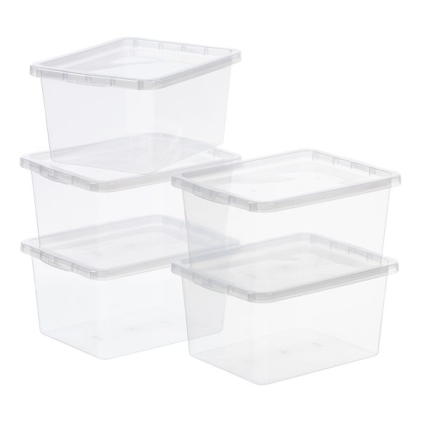 Value Pack of five Basic Box 20L storage boxes with a modern and simple design. Containers are stackable and made of translucent material.