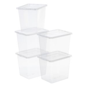 Value Pack of five Basic Box 31L storage boxes with a modern and simple design. Containers are stackable and made of translucent material.