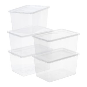 Value Pack of five Basic Box 52L storage boxes with a modern and simple design. Containers are stackable and made of translucent material.