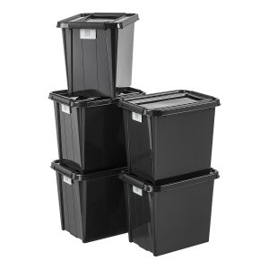 Value pack of five 53L Proboxes. Probox is series of premium storage boxes. They are stackable and made of black, post-consumer material material. All boxes are equipped with QR codes compatible with the BoxPointer app.
