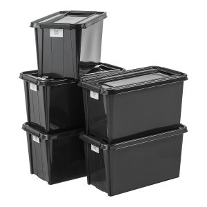 Value pack of five 70L Proboxes. They are modular and made of black post-consumer material. Probox is series of premium storage boxes. All boxes are equipped with QR codes compatible with the BoxPointer app.