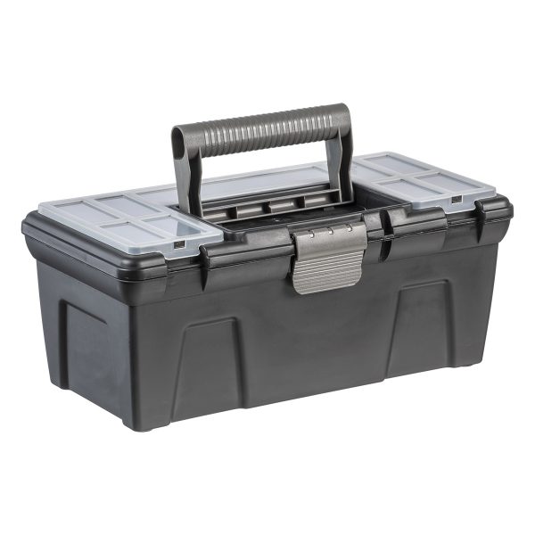 A black Tool Box with an insert and small click-closed containers in the lid.