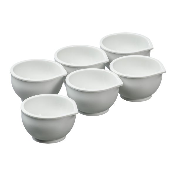 Set of six white mini bowls perfect for serving boiled eggs.