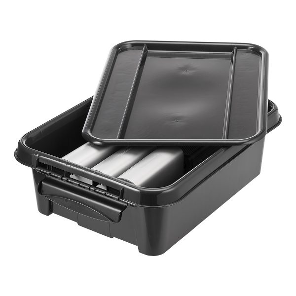 A black plastic box is made of recycled PP with an open lid.