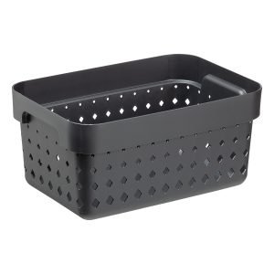 A small storage basket is made of black plastic with a modern, elegant design.