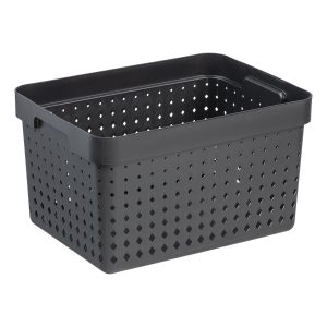 A large storage basket is made of black plastic with a modern, elegant design.