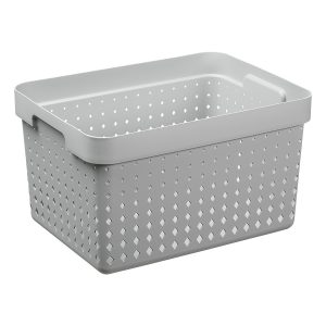 A large storage basket is made of grey plastic with a modern, elegant design.